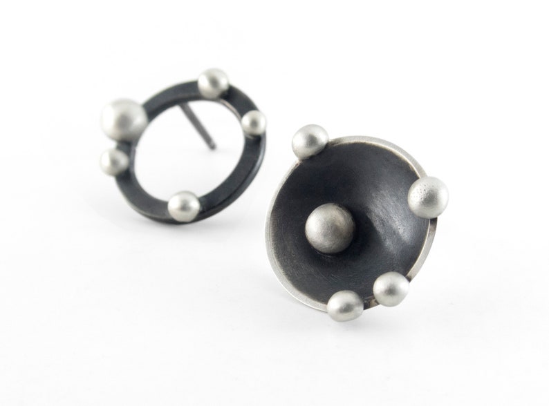 Asymmetric post earrings. Dotted earrings. Bubble post earrings. Oxidized silver studs. Round silver post earrings. Circle stud earrings image 1