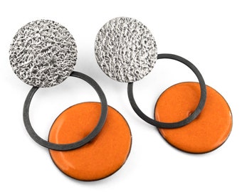 Orange drop earrings. Contemporary earrings. Geometric earrings. Circle drop earrings. Modern silver earrings. Enamel earrings. Women gift