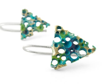 Turquoise earrings. Triangle earrings. Classy earrings. Textured earrings. Colorful earrings. Silver dangle earrings. Contemporary jewelry