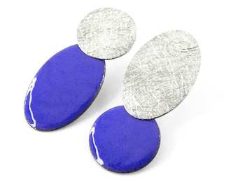 Enamel post earrings. Asymmetric post earrings. Modern blue earrings. Geometric silver post earrings. Modern stud earrings. Modern jewelry