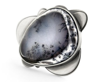 Dendritic Agate Silver Ring. Dendritic Opal Ring. Statement Ring. Gray Stone Ring. Large Stone Ring. Unique stone and silver ring. Big ring