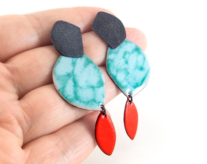 Stunning enamel earrings. Statement earrings. Colorful earrings. Contemporary earrings. Abstract long earrings. Modern turquoise earrings