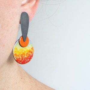 Orange earrings. Unusual silver earrings. Enamel earrings. Statement enamel earrings. Abstract earrings. Summer earrings. Enameled jewelry image 6