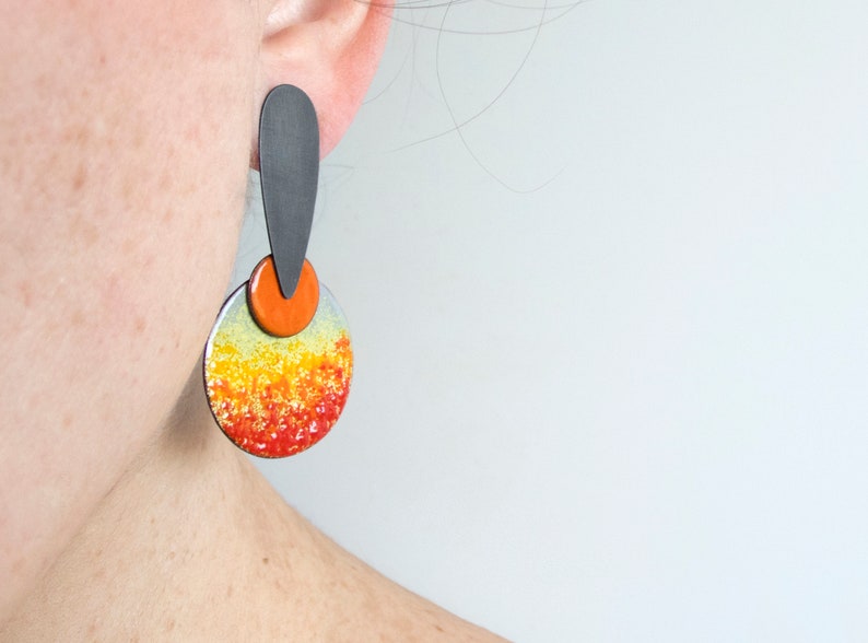 Orange earrings. Unusual silver earrings. Enamel earrings. Statement enamel earrings. Abstract earrings. Summer earrings. Enameled jewelry image 6