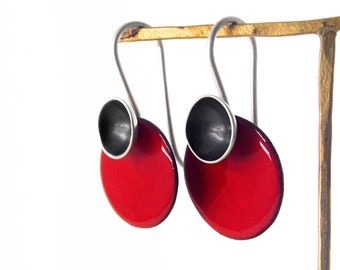 Red Silver Modern Earrings. Red Dangle Earrings. Everyday Modernist Earrings. Red Circle Enamel Earrings. Colorful Dangle Earrings