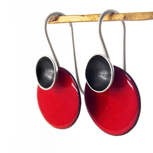 Red Silver Modern Earrings. Red Dangle Earrings. Everyday Modernist Earrings. Red Circle Enamel Earrings. Colorful Dangle Earrings