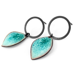 Turquoise enamel earrings. Circle post earrings. Post modern enamel earrings. Turquoise leaf earrings. Hoop stud earrings. Everyday earrings