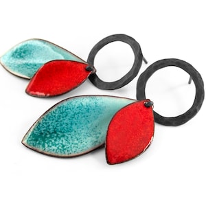 Turquoise and red enamel earrings. Circle post enamel earrings. Oxidized silver earrings. Contemporary earrings. Post modern earrings