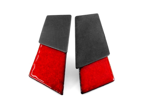 Asymmetrical oxidized silver earrings. Deep red earrings. Abstract earrings. Dark silver earrings. Designer earrings. Abstract jewelry