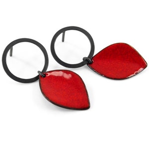 Red earrings. Post modern earrings. Circle post red earrings. Red modern earrings. Oxidized silver earrings. Leaf earrings. Enamel earrings