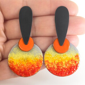 Orange earrings. Unusual silver earrings. Enamel earrings. Statement enamel earrings. Abstract earrings. Summer earrings. Enameled jewelry image 3