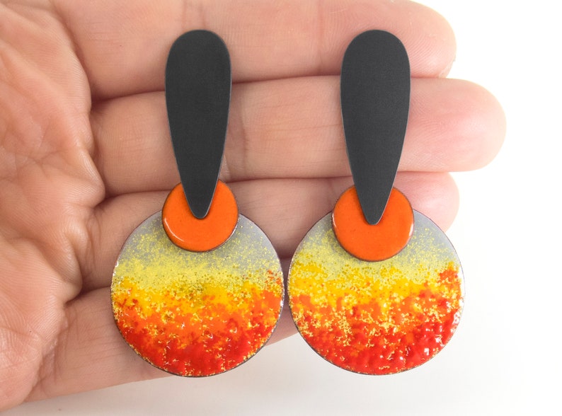 Orange earrings. Unusual silver earrings. Enamel earrings. Statement enamel earrings. Abstract earrings. Summer earrings. Enameled jewelry image 3