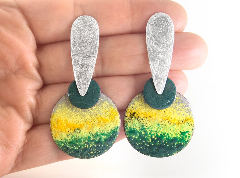 Orange earrings. Unusual silver earrings. Enamel earrings. Statement enamel earrings. Abstract earrings. Summer earrings. Enameled jewelry image 9