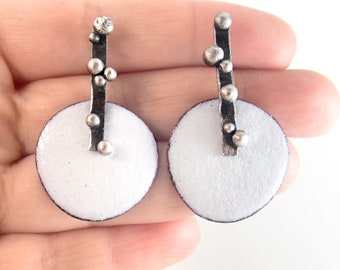 White modern post earrings. Modern oxidized silver post earrings. Enamel drop earrings. Long post earrings. Long elegant colorful earrings