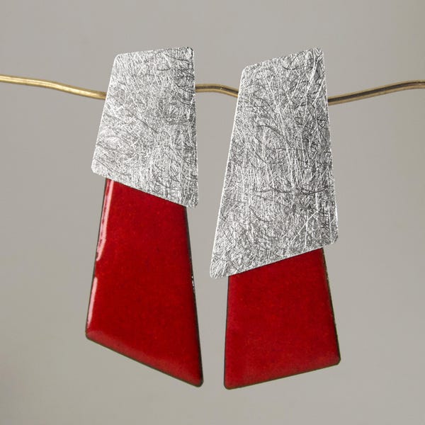 Geometric red enamel and silver earrings. Modern contemporary earrings. Asymmetrical earrings. Handmade artistic jewelry. Unique earrings