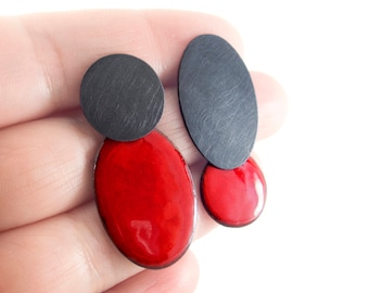 Asymmetrical Earrings. Mismatched Earrings. Red Enamel Earrings. Unusual Red Earrings. OOAK Earrings. Stylish Earrings. Oxidized Earrings
