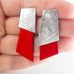 Red earrings. Contemporary earrings. Asymmetric earrings. Red modern earrings. Silver enamel earrings. Geometric earrings. Designer Jewelry