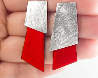 Red earrings. Contemporary earrings. Asymmetric earrings. Red modern earrings. Silver enamel earrings. Geometric earrings. Designer Jewelry