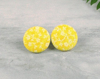 Yellow Floral Earring - Yellow Button Stud - Covered Button Earrings - choice of 4 sizes