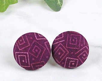 Purple Print Button Earrings, Pierced Fabric Covered Button Studs, Textile Jewelry
