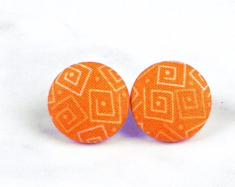 Orange Earrings, Geometric Earrings, Gift for Girlfriend, Fabric Covered Button Earrings