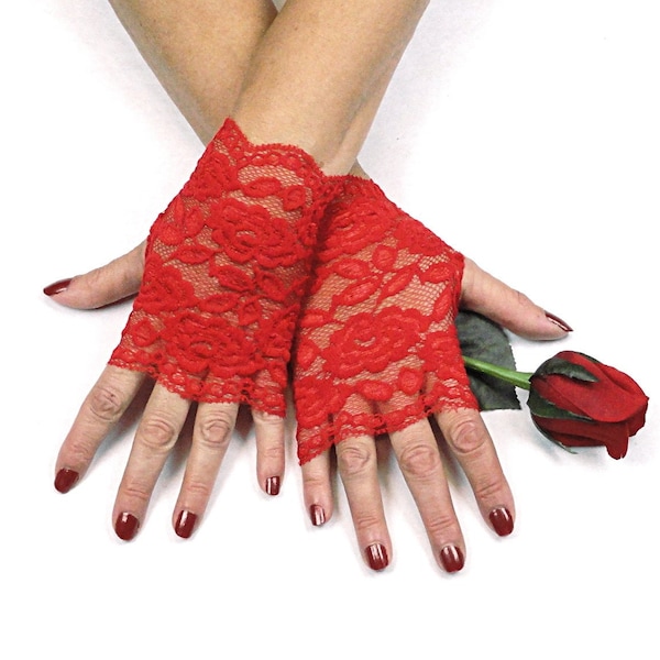 Red Fingerless Gloves - Red Lace Gloves - Burlesque Gloves - Cosplay Costume