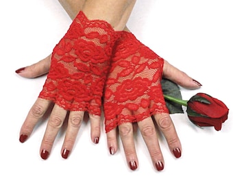 Red Fingerless Gloves - Red Lace Gloves - Burlesque Gloves - Cosplay Costume