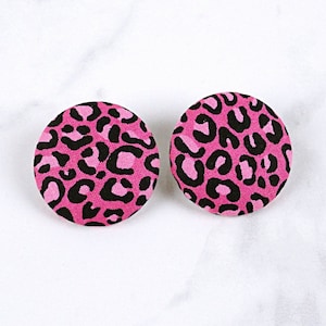 Pink Leopard Print Earrings, Bold Statement Earrings, Animal Print Jewelry, Fabric Covered Button Earrings