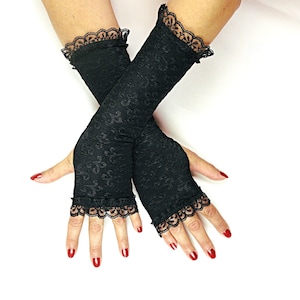 Long Black Gloves - Black Fingerless Gloves - Stretch Brocade Victorian Gloves - Steampunk Cosplay