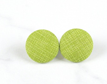 Green Stud Earrings, Minimalist Jewelry, Fabric Covered Button Earrings, Bridesmaid Earrings