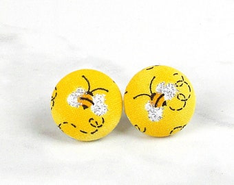 Bee Earrings, Yellow Earrings, Honey Bee Stud Earrings, Gift for Sister, Fabric Covered Button Earrings