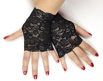 Schwarze Fingerlose Handschuhe - Schwarze Spitzenhandschuhe - Cosplay Kostüm - Steampunk Kleidung Damen
