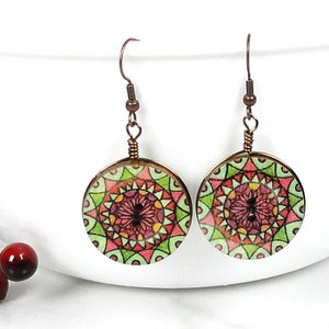 Mandala Jewelry, Wood and Wire Earrings, Wooden Earrings, Button Earrings, 10