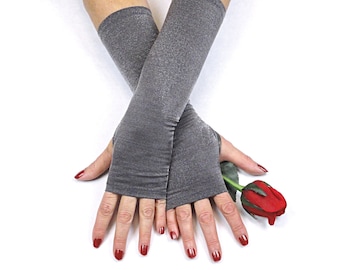 Guantes plateados sin dedos, guantes largos plateados, ropa steampunk para mujer, disfraz de cosplay.