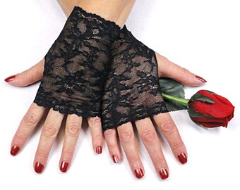 Black, Fingerless Gloves, Black Lace Gloves, Steampunk Clothing Women, Goth Clothing, Cosplay Costume