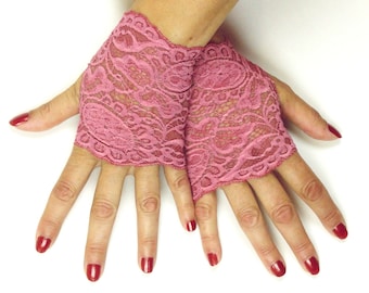 Pinke Handschuhe, Fingerlose Handschuhe Damen, Cosplay Kostüm, Fingerlose Spitzenhandschuhe