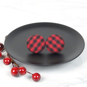 Buffalo Plaid Earrings, Stud Earrings, Red Black, Fabric Button Earrings, choice of 5 sizes