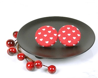 Red, Heart Stud Earrings, Fabric Button Earrings, Valentines Day Earrings  , choice of 4 sizes