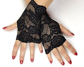Guantes sin dedos de encaje negro, accesorio steampunk, disfraz gótico victoriano para cosplay.