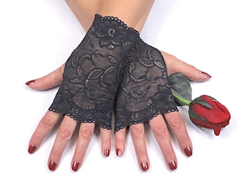 Guantes sin dedos de encaje negro, accesorios góticos steampunk, guantes de boda victorianos de encaje