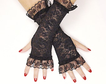 Schwarze fingerlose Handschuhe - Lange Spitzenhandschuhe - Viktorianische Handschuhe - Lange schwarze Handschuhe - Burleske Handschuhe -