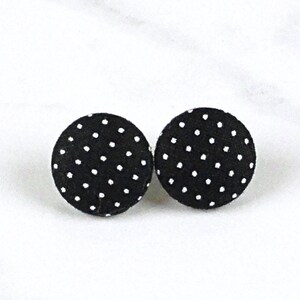 Black and White Polka Dot Earrings, Retro Fabric Covered Button Stud Earrings, Textile Jewelry