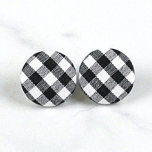 Kolczyki-sztyfty z czarno-białą kratką Gingham, kolczyki z guzikami z materiału w stylu retro, kolczyki z materiału