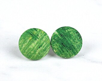 Green Earrings - Green Fabric Earrings - Covered Button Studs - choice of 4 sizes