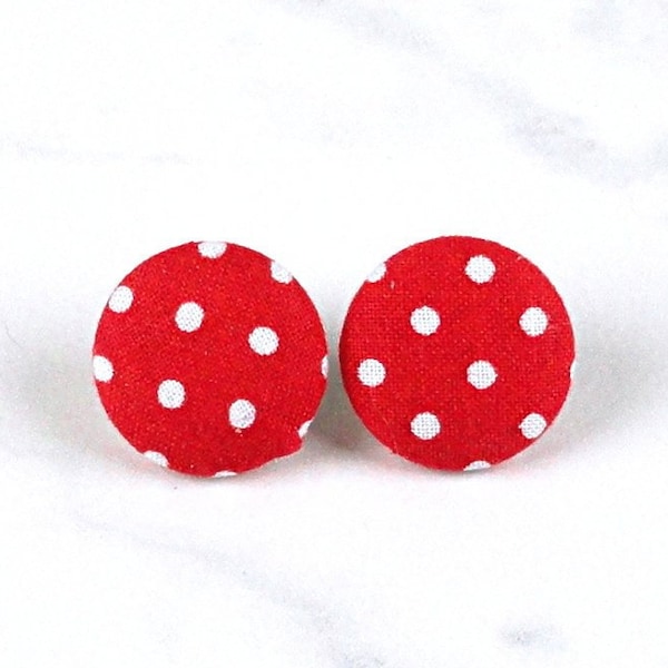 Red Polka Dot Earrings - Red Button Studs - covered Button Earrings -  choice of 4 sizes