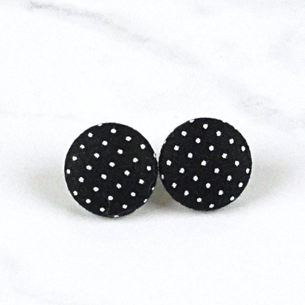 Black Polka Dot Earrings - Black Stud Earrings - Black Earrings - Covered Button Earrings - choice of 6 sizes