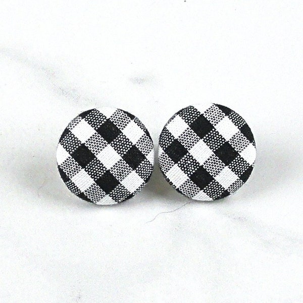 Boucles d’oreilles noires, Boucles d’oreilles Gingham, Boucles d’oreilles Bouton Bouton, Boucles d’oreilles Bouton tissu, Boucles d’oreilles Textile - choix de 6 tailles