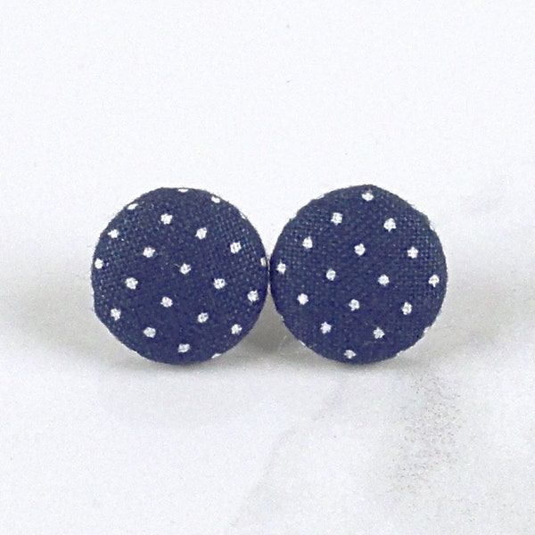 Navy Blue Earrings, Blue Polka Dot Studs - Covered Button Earrings - choice of 6 sizes