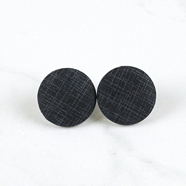 Charcoal Gray, Button Stud Earrings, Fabric Button Earrings, Minimalist Jewelry,  choice of 6 sizes