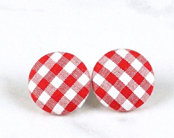 Red Earrings, Gingham Earrings - Fabric Button Earrings, Button Stud Earrings, Textile Earrings - choice of 6 sizes